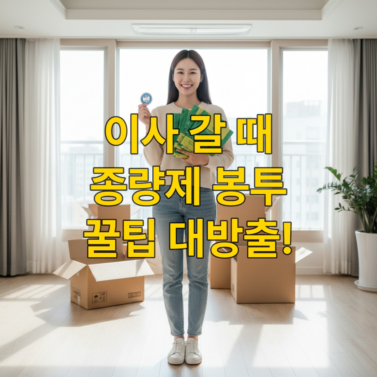 이사 후 남은 종량제 봉투를 스마트하게 처리하기 위해 전입 스티커를 확인하는 한국 여성의 모습.
