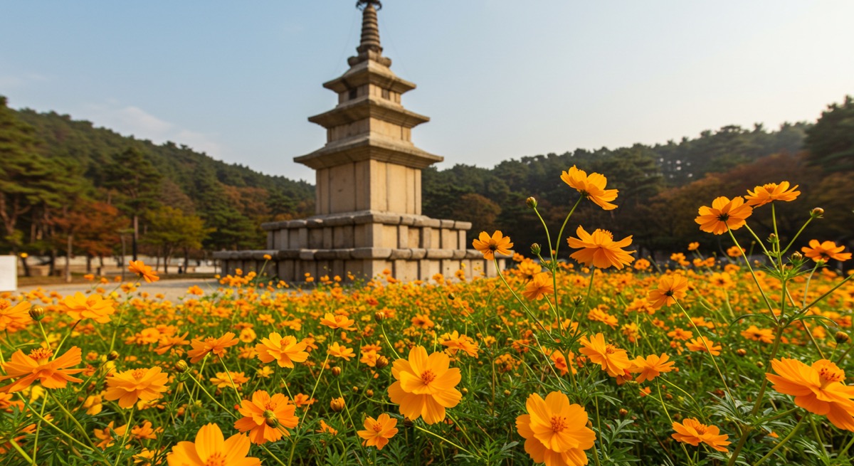 가을 하늘 아래 황금빛으로 물든 경주 분황사 황화 코스모스 꽃밭과 모전석탑 전경