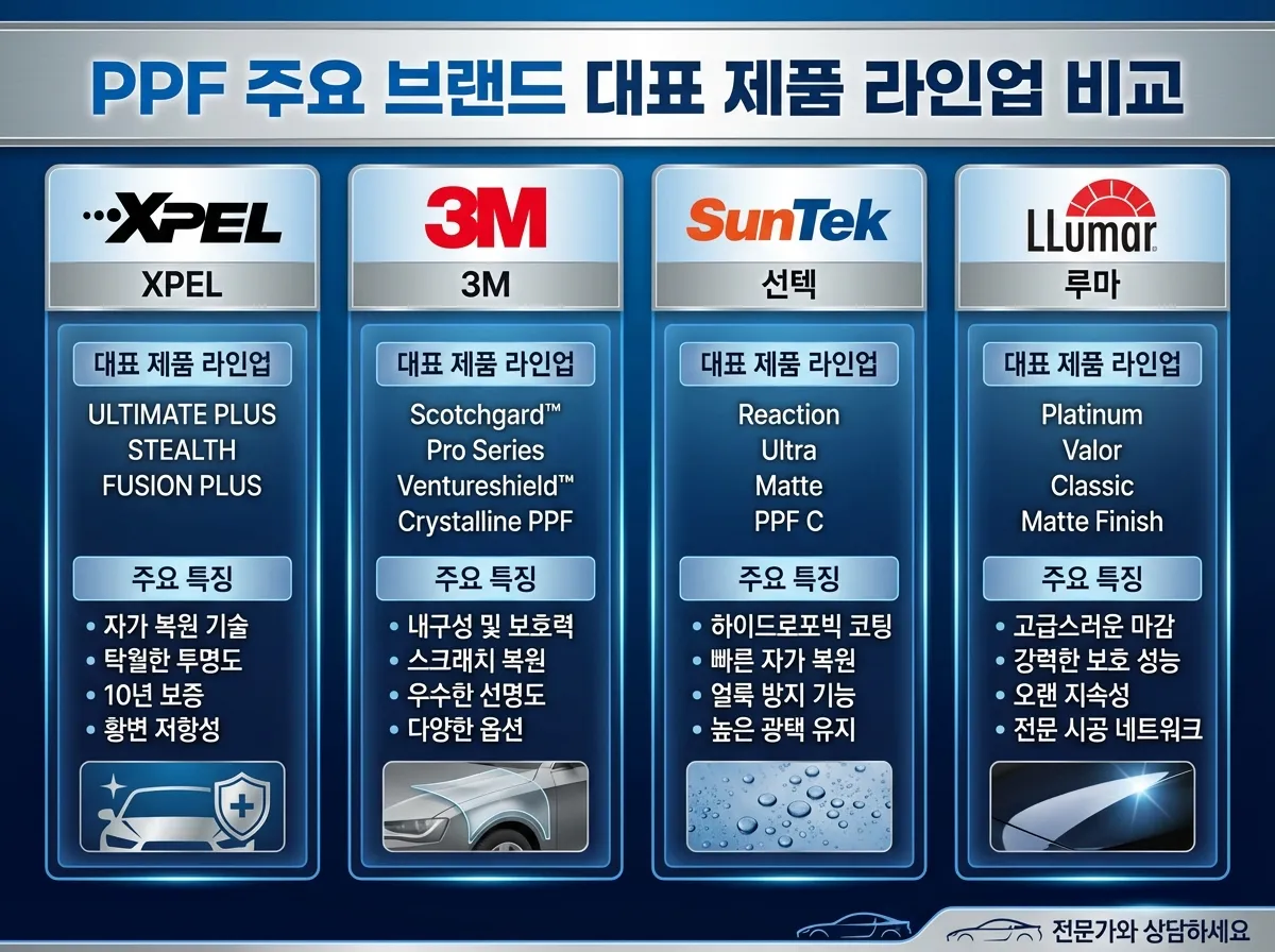 PPF 브랜드 4사 XPEL 3M 선텍 루마 로고와 대표 제품 비교