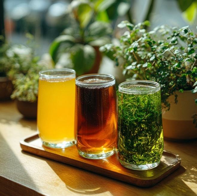 쟁반위 녹차 케일차 레몬차