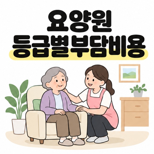 요양원 등급별부담비용 제목 아래 의자에 앉은 어르신 곁에서 요양보호사가 일상을 돕는 모습을 그린 대표 이미지