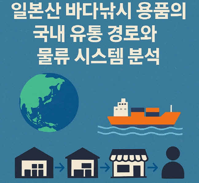 일본에서 생산된 바다낚시 장비가 한국 소비자에게 도달하기까지의 유통 과정을 보여주는 플랫 스타일 인포그래픽.