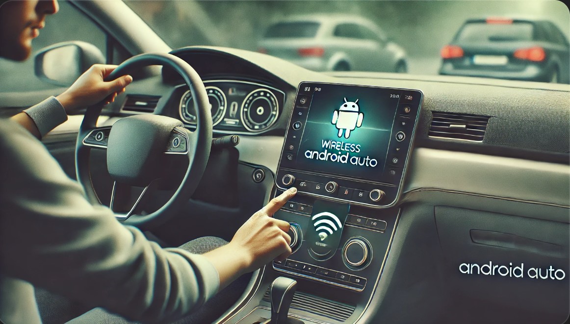 현대적인 자동차 내부에서 무선 안드로이드 오토를 설정하는 사람을 보여주는 사실적이고 차분한 이미지.