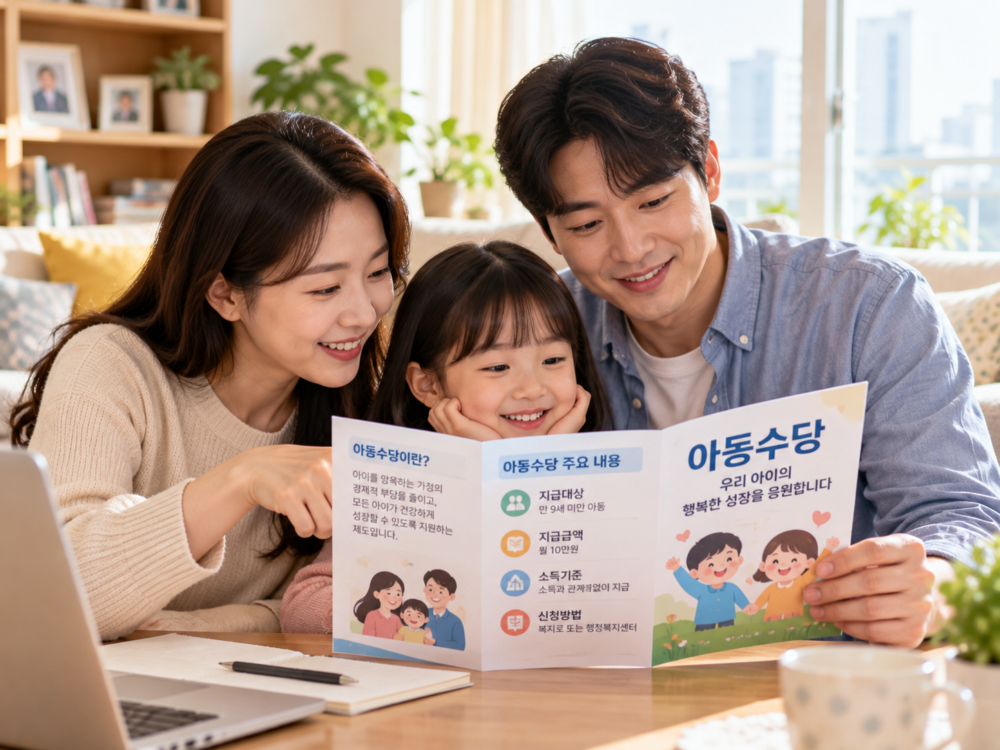 어린 자녀와 함께 아동수당 안내문을 살펴보는 한국인 부모