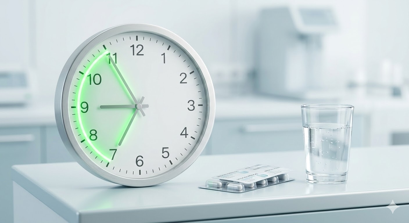 시계 바늘이 7시와 11시를 가리키며 '약 복용 후 3~4시간 간격'을 직관적으로 보여주는 인포그래픽