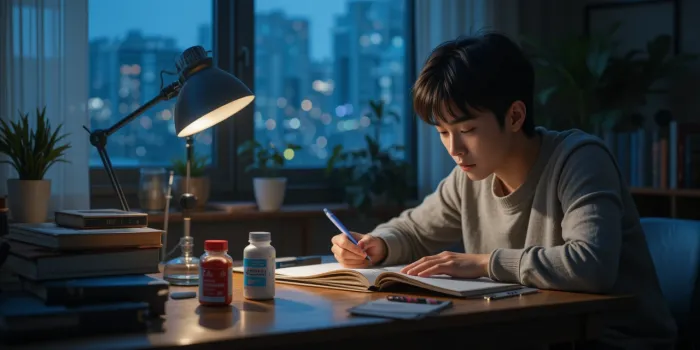 책상에서 밤 공부하며 피세틴 먹는 학생