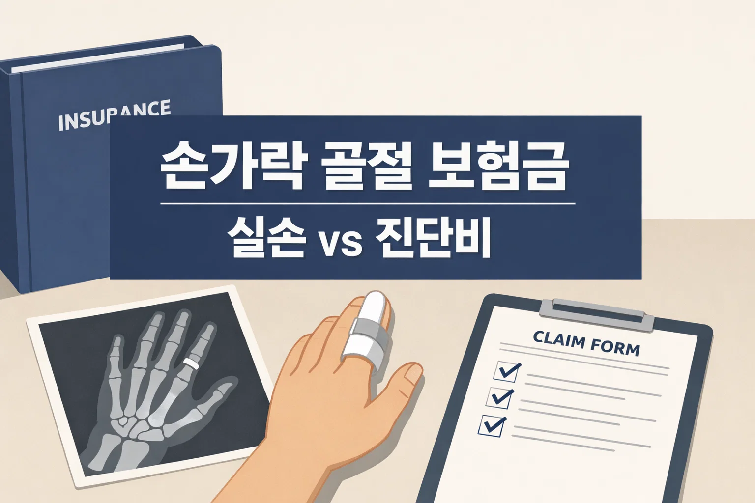 손가락 골절 보험금을 볼 때 실손 치료비와 진단비 보장을 어떻게 나눠 이해해야 하는지 핵심 구조를 보여주는 썸네일 이미지