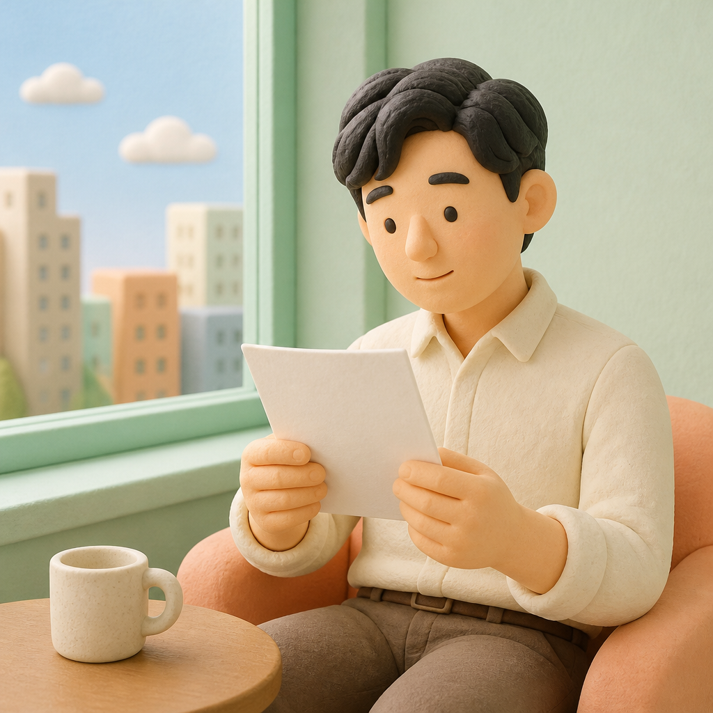 회사 휴게실 창가에서 급여 명세서를 살펴보는 30대 남성