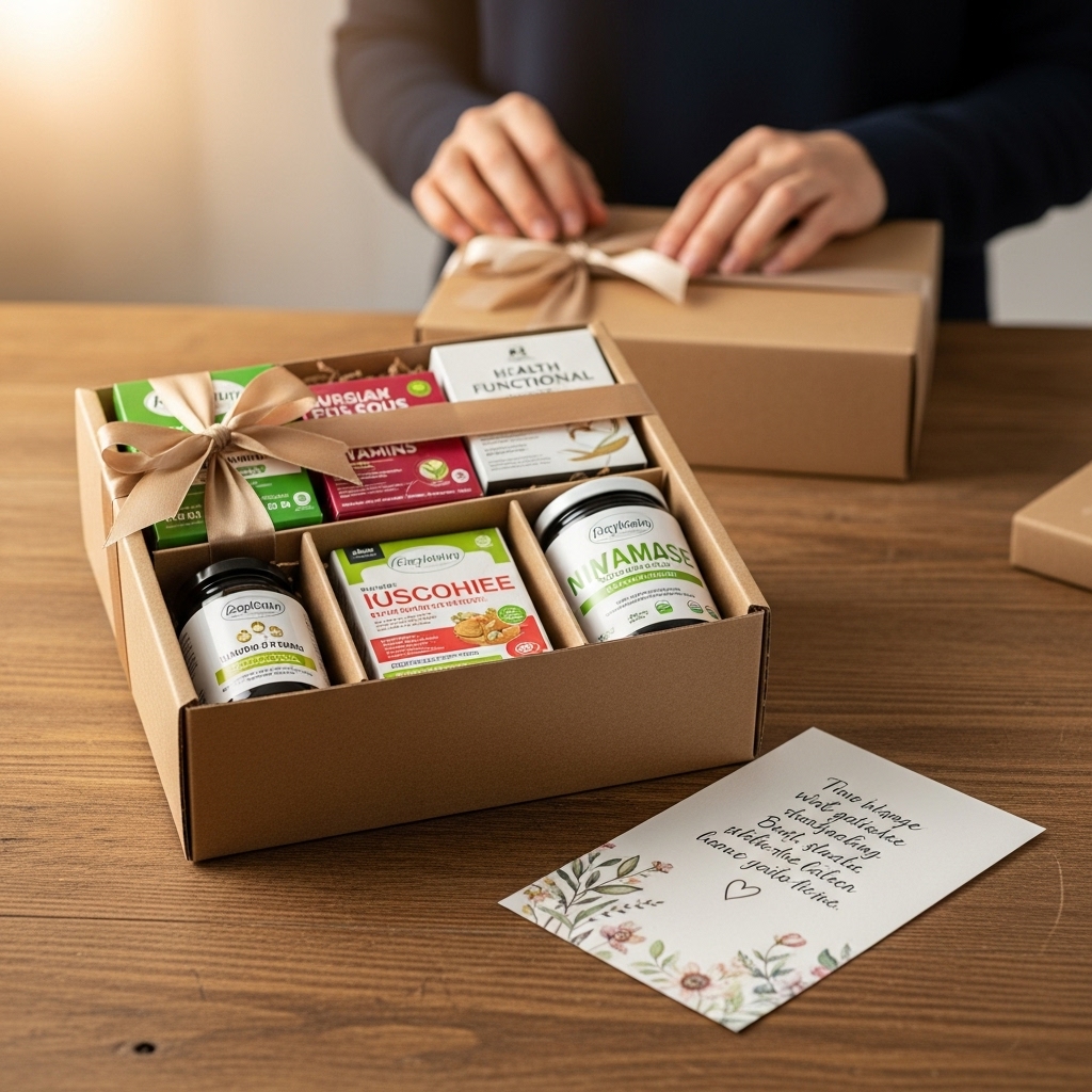 정성껏 포장된 건강기능식품 선물 상자와 손글씨 카드가 놓여 있고, 배경에는 선물을 준비하는 손길이 보이는 모습.3