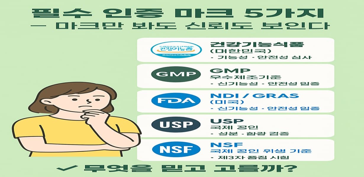 “건강기능식품, GMP, FDA, USP, NSF 인증 마크와 함께 고민하는 여성 일러스트가 있는 인포그래픽”