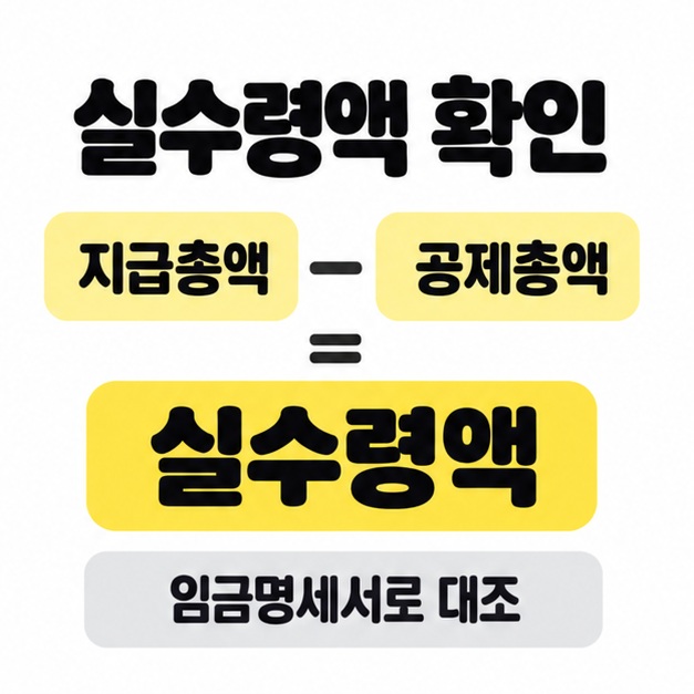 지급총액에서 공제총액을 빼면 실수령액이라는 산식과 임금명세서로 대조 문구를 표시한 안내