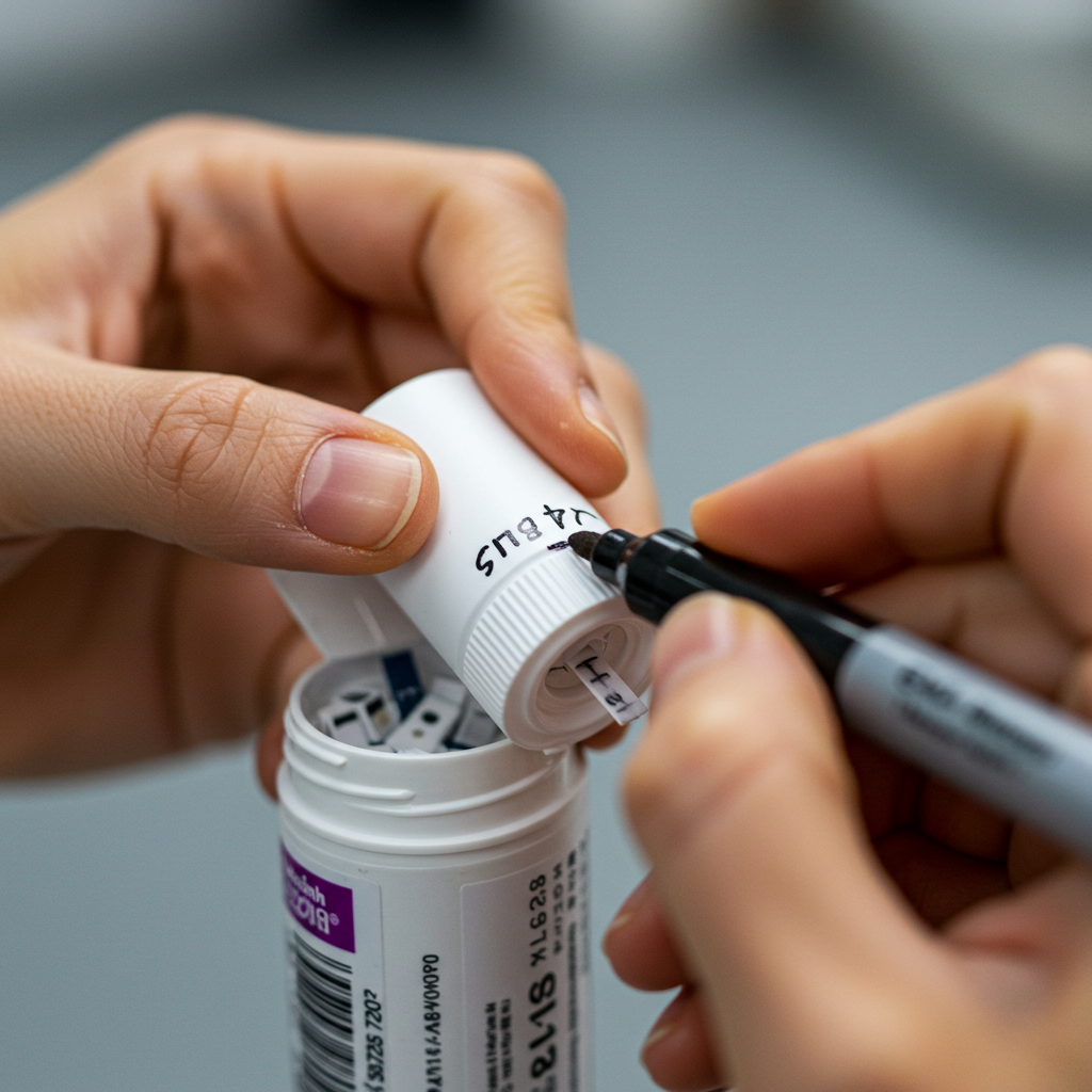 혈당 검사지 용기 옆면에 마커펜으로 개봉 날짜를 적고 있는 손의 모습.