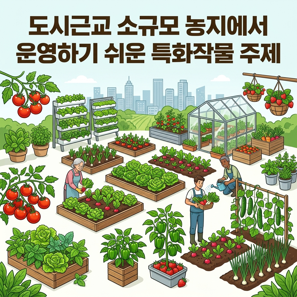 도시근교 소규모 농지에서 운영하기 쉬운 특화작물 주제를 시각적으로 표현한 일러스트