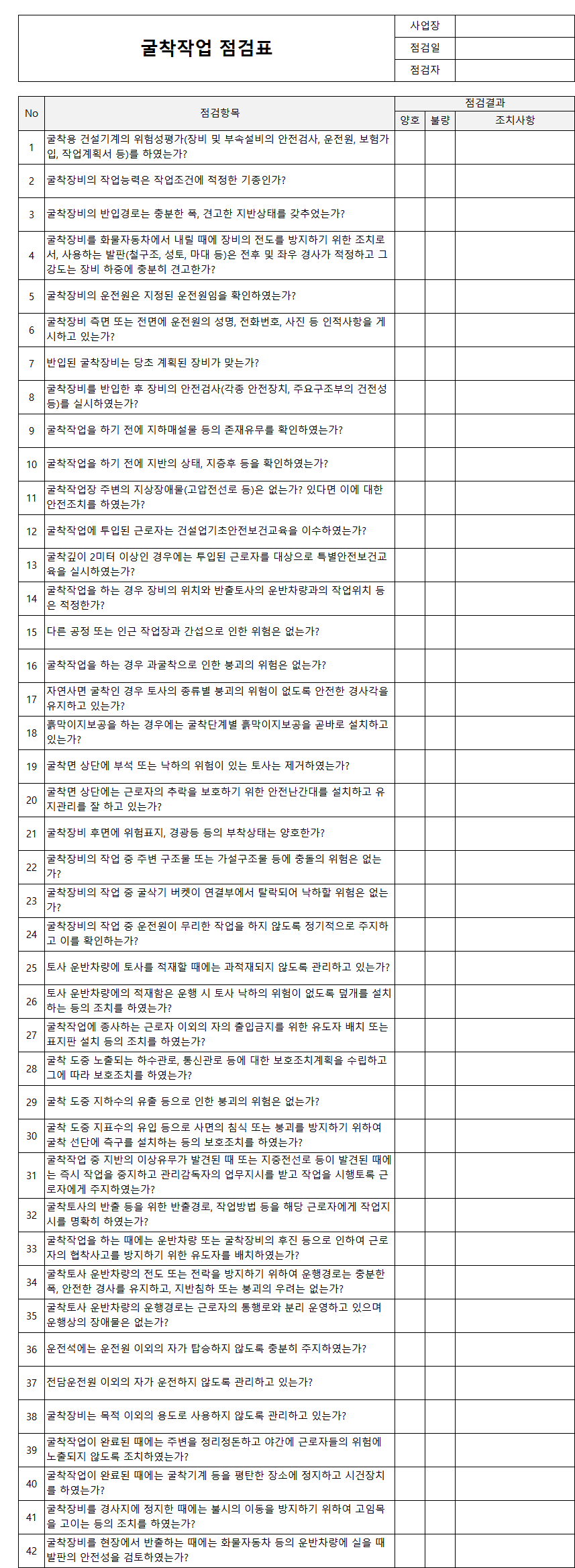 굴착작업 점검표