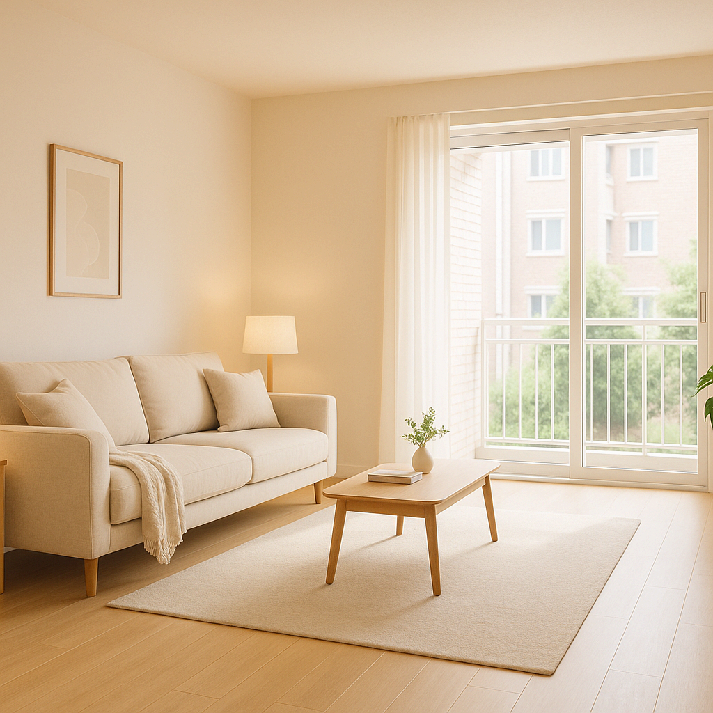 소파와 테이블이 문을 등지지 않게 배치된 밝은 거실 인테리어