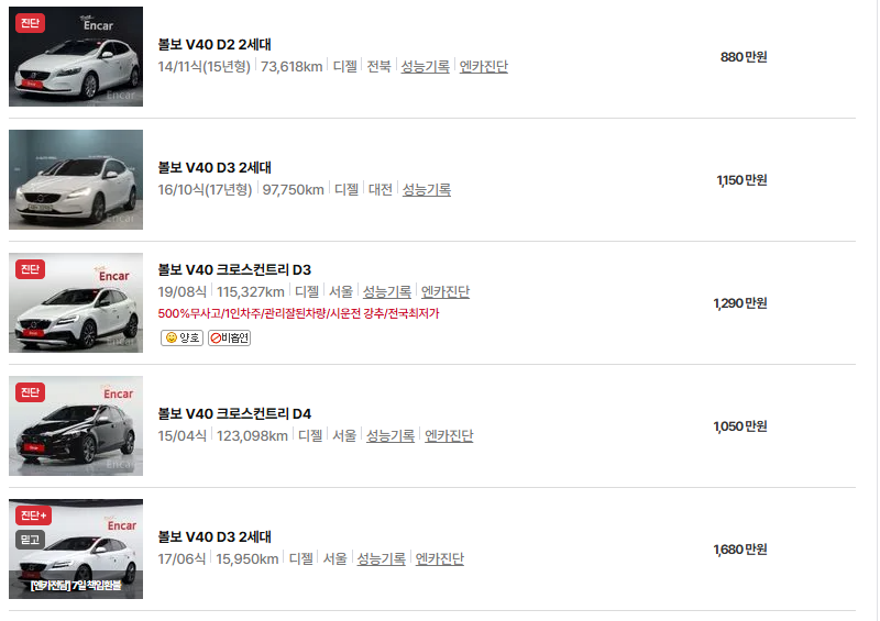 볼보 V40 중고차 가격 시세표 연비