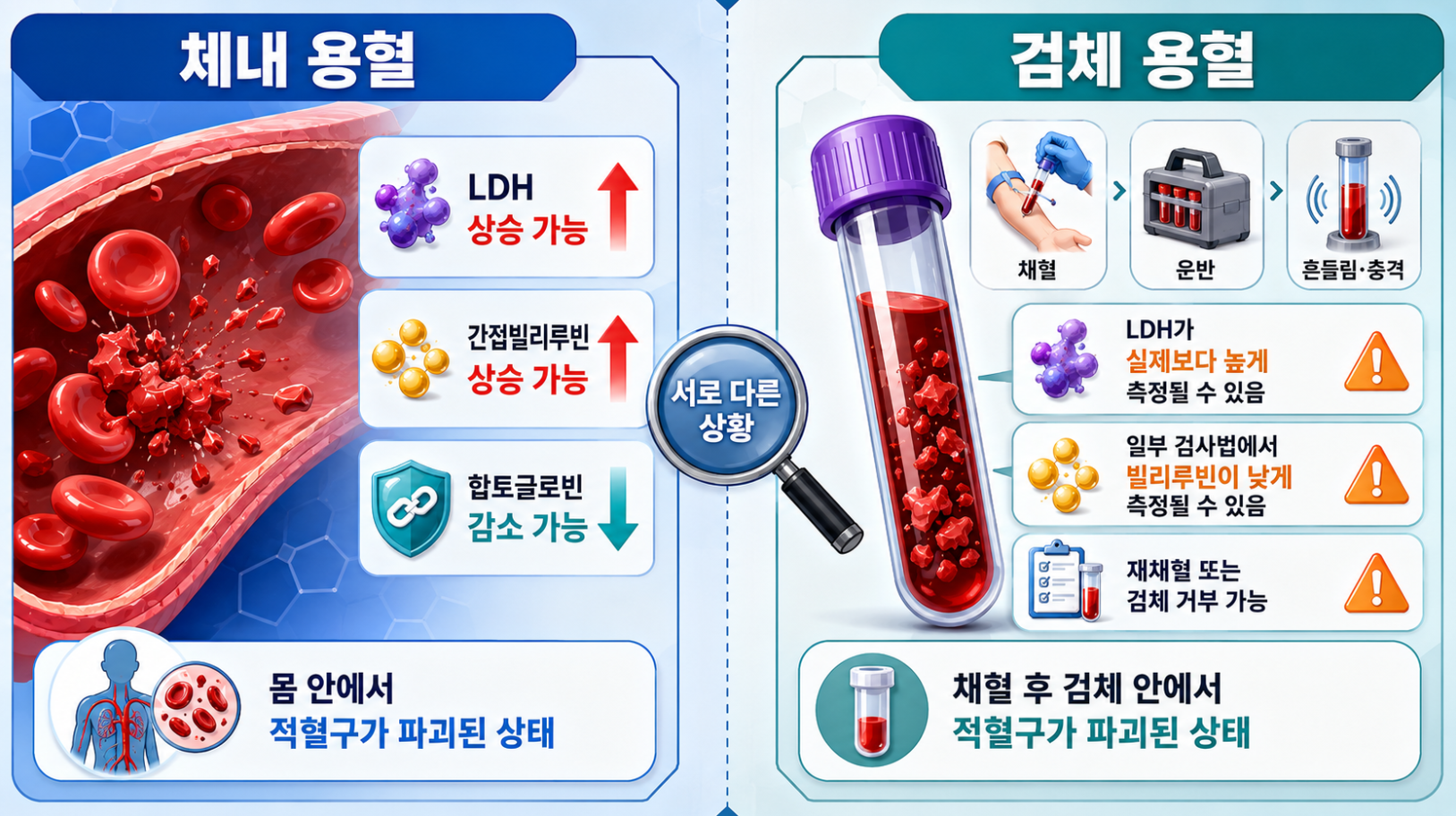 체내 용혈과 검체 용혈의 차이와 검사 결과에 미치는 영향을 비교한 의료 인포그래픽
