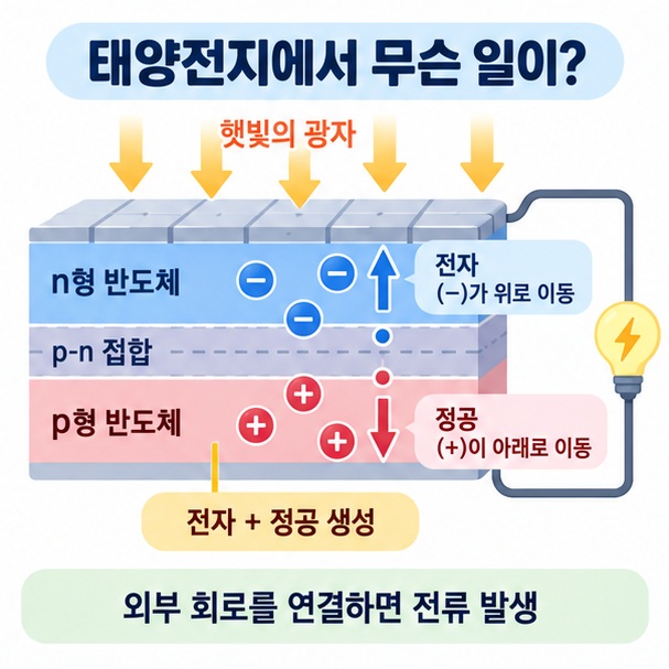태양전지 내부에서 빛이 전자와 정공을 만들고 전류가 흐르는 원리 인포그래픽