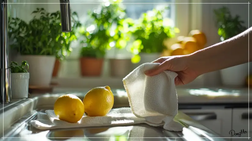 레몬물-만들기-과정인-세척의-마무리-단계로-키친타월에-젖은-레몬을-닦는-모습