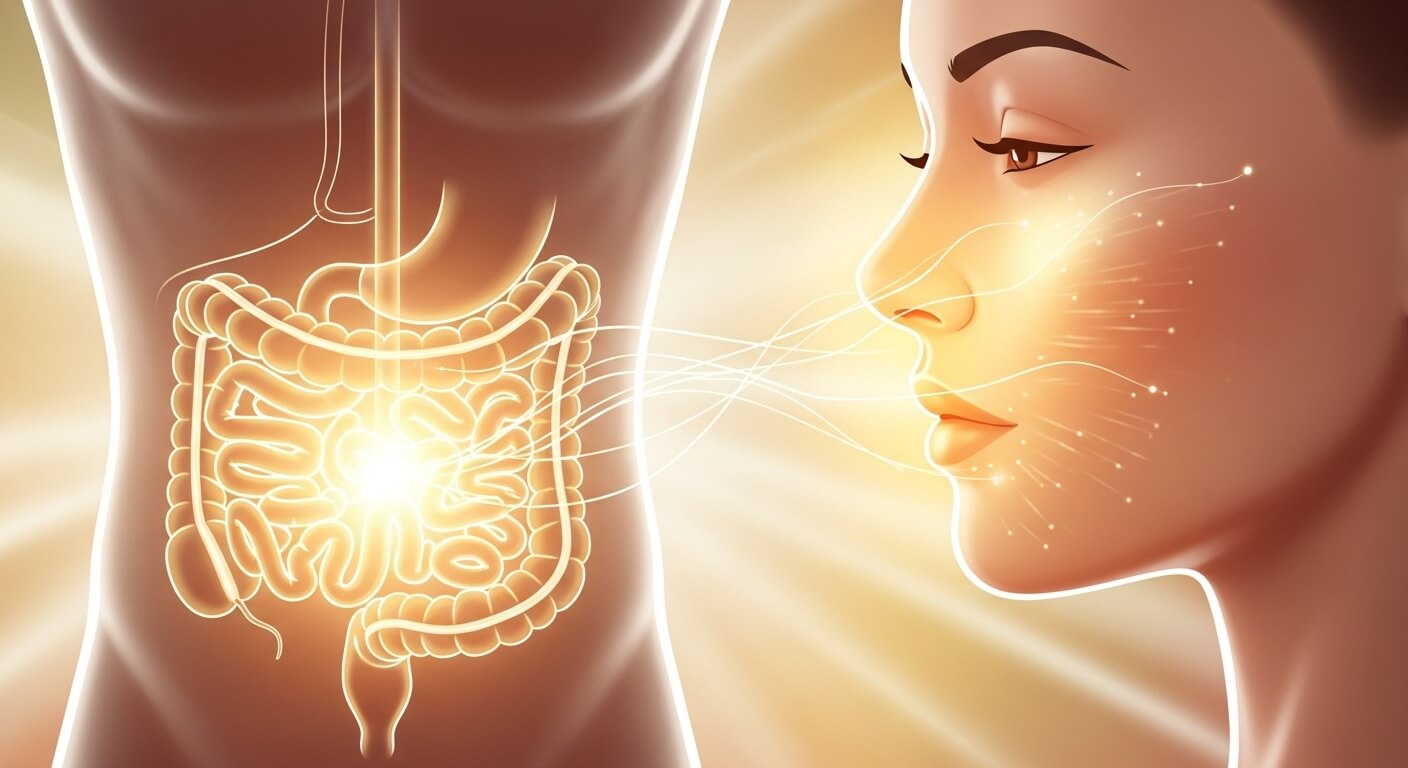 건강한 장과 빛나는 피부의 연관성을 보여주는 현대적인 일러스트레이션.