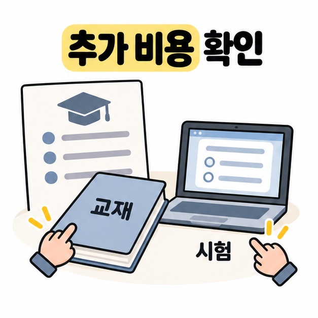 추가 비용 확인 문구 아래에 수강 안내문과 교재, 시험 화면이 있는 노트북을 손 모양으로 가리키는 그림