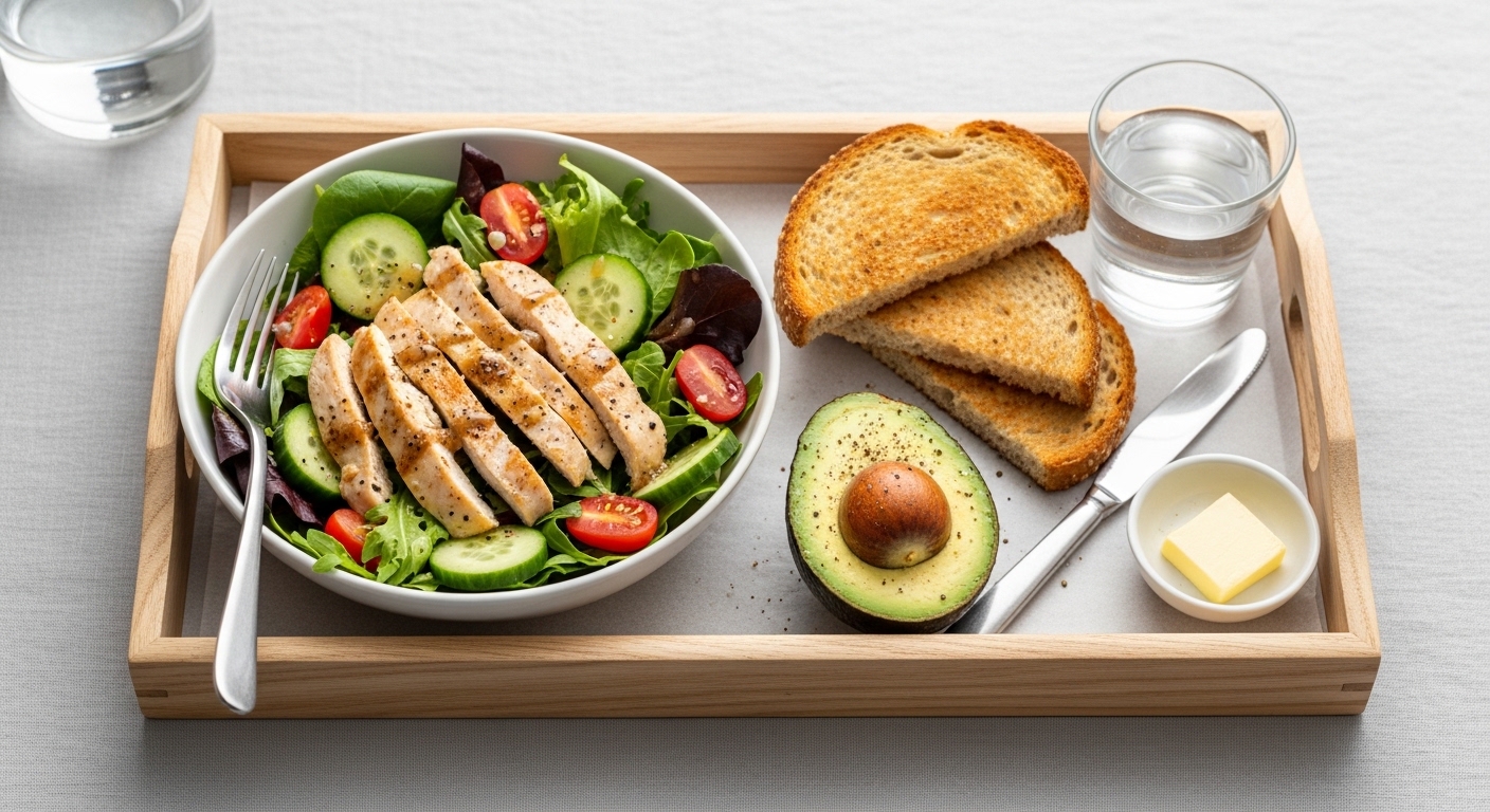 닭가슴살 샐러드와 아보카도, 통밀빵이 정갈하게 차려진 우드 트레이