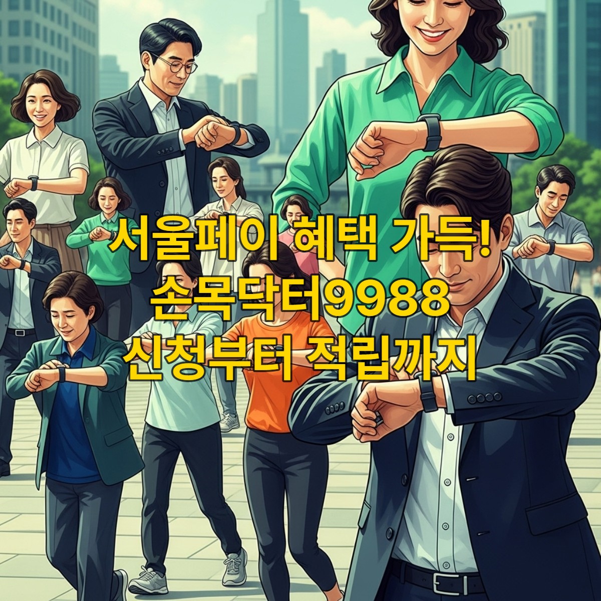 스마트워치를 착용한 다양한 연령대의 서울 시민들이 활기차게 걷거나 운동하며 건강을 관리하는 모습