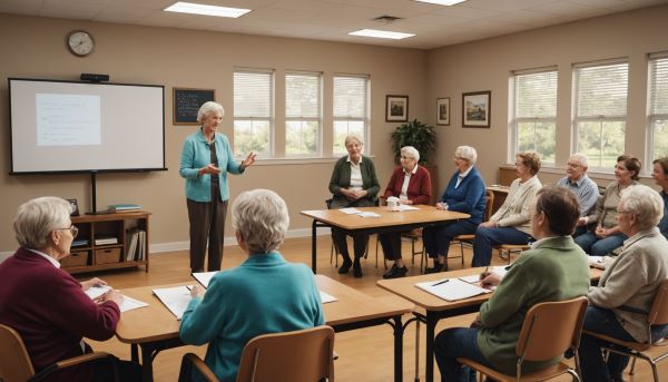 여성 노년플래너가 노인들에게 강의를 하고 있다.
