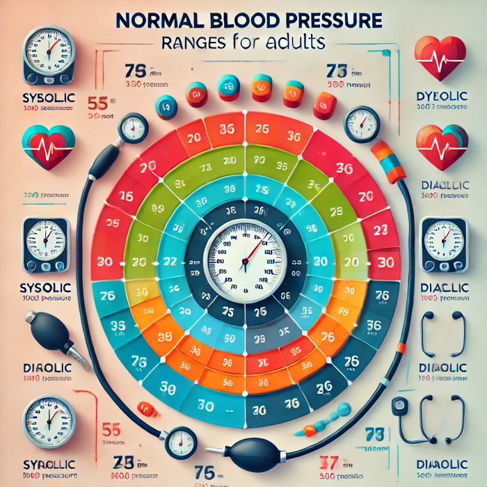 성인의 정상 혈압 범위를 보여주는 색상 구분 차트