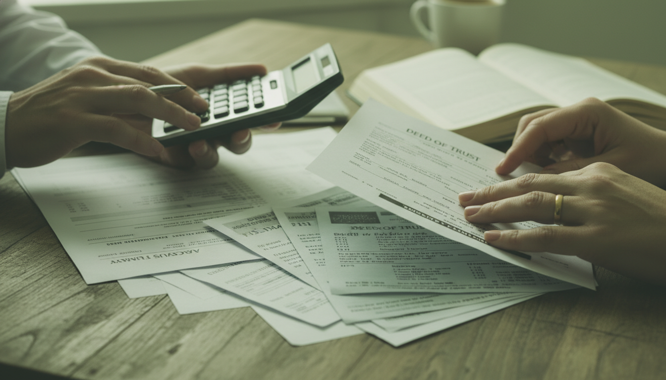 재산분할을 위해 계산기를 사용하고 재정 서류를 정리하는 손들의 클로즈업 이미지
