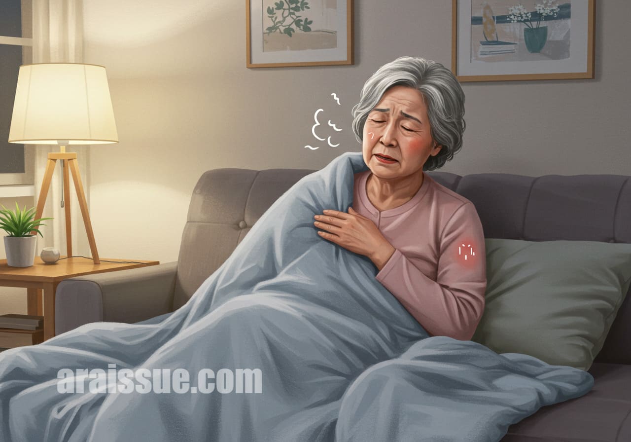 폐렴 예방접종 후 가벼운 통증과 발열 증상으로 집에서 쉬고 있는 65세 이상 한국 여성