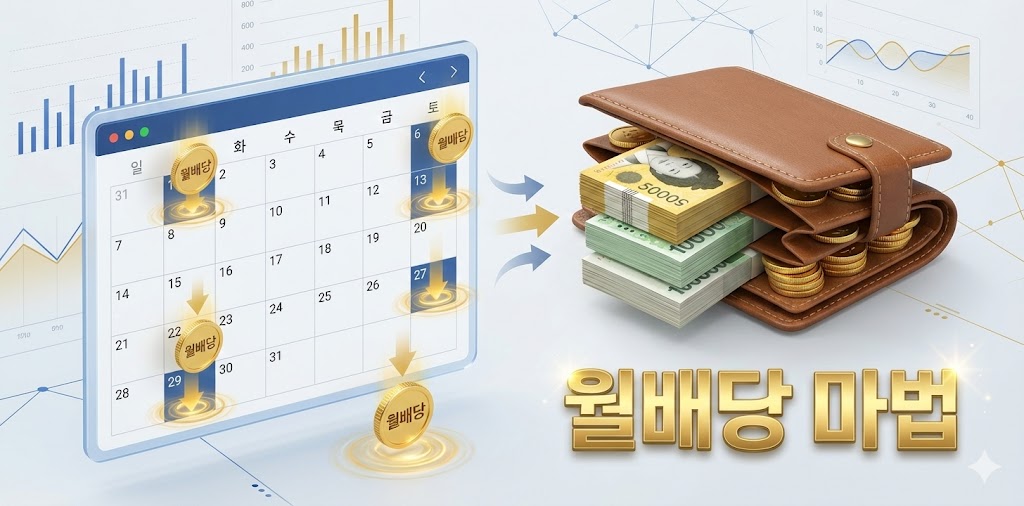 매달 달력에 황금 동전이 떨어지며 지갑이 점점 두꺼워지는 인포그래픽과 '월배당의 마법' 텍스트