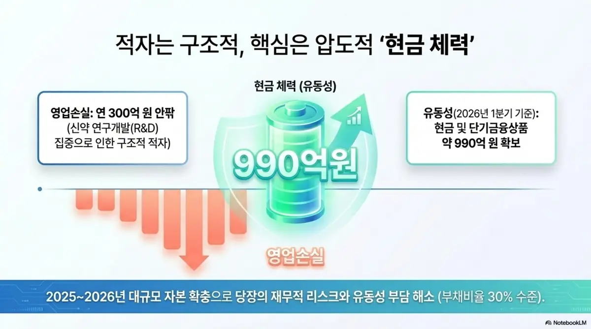 올릭스 주가 전망: 영업손실 막대그래프와 990억 원이 새겨진 배터리 그래픽을 대비한 인포그래픽. 올릭스가 연 약 300억 원 영업적자에도 2026년 1분기 기준 현금 및 단기금융상품 약 990억 원을 확보하고 대규모 자본 확충으로 부채비율 30% 수준의 현금 체력을 갖춘 점을 시각적으로 전달하며&amp;#44; 블로그의 올릭스 주가 전망 주제와 관련된 내용을 설명한다. 