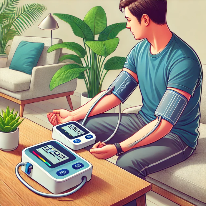 가정에서 디지털 혈압계를 사용하는 모습의 삽화