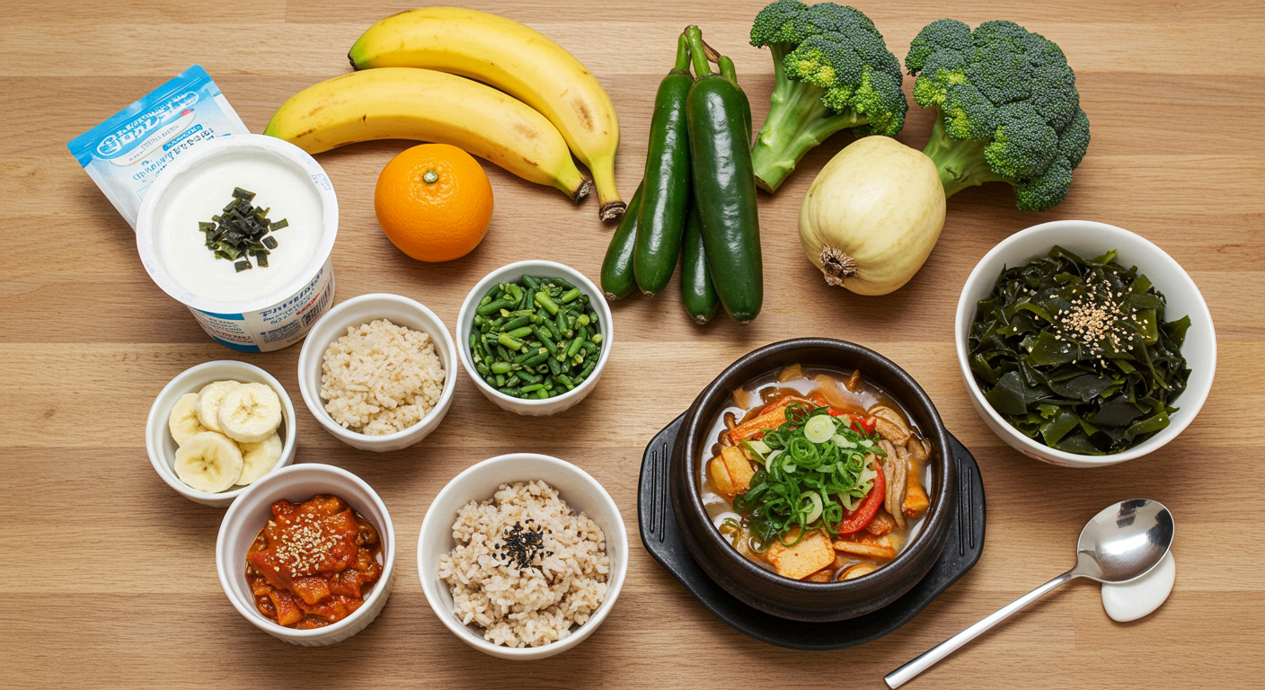 아침엔 요거트와 바나나, 점심엔 채소와 현미밥, 저녁엔 청국장 국과 해조류 샐러드