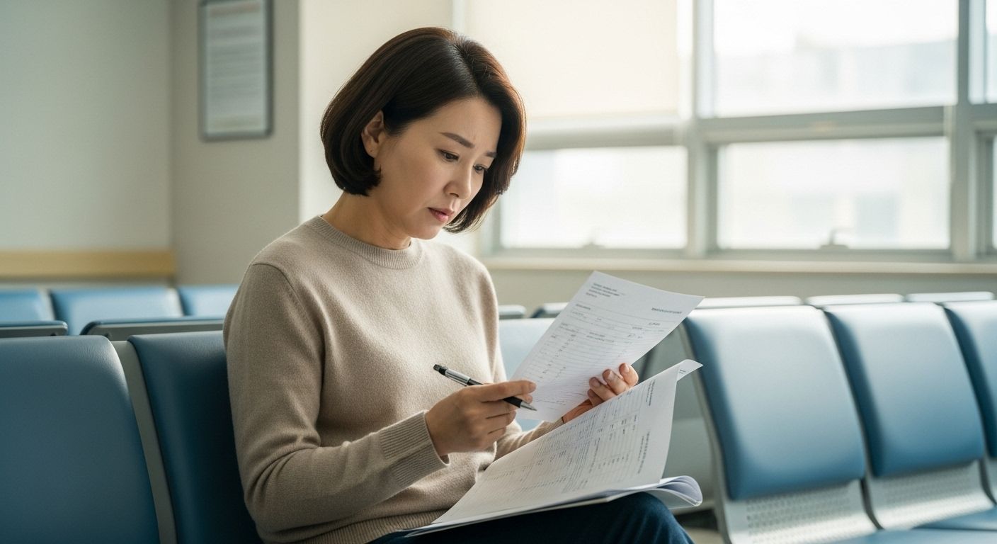 건강검진 대상자를 확인하고 있는 중년여성