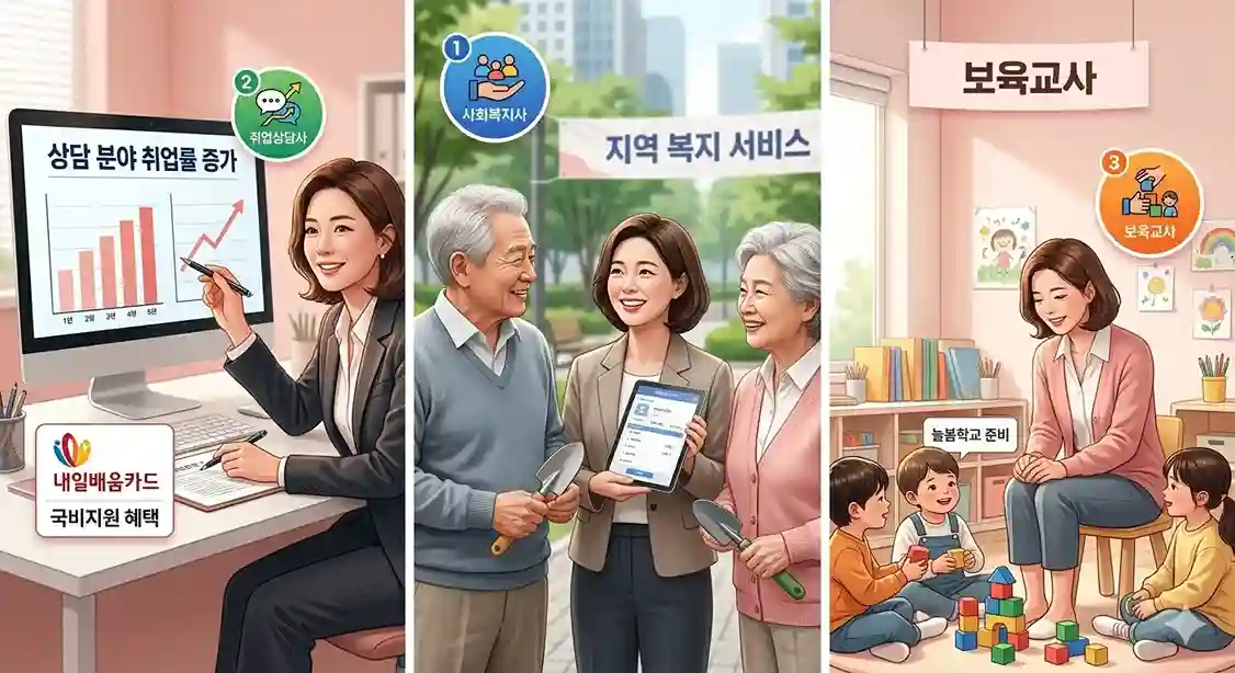 40대 여성 재취업 유망 자격증인 직업상담사, 사회복지사, 보육교사의 실제 근무 현장을 통합하여 보여주는 가이드 이미지. 국비지원 혜택과 실무 상담 및 교육 장면