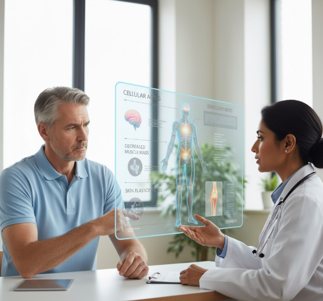 신체 노화에 대해 의사와 상담하고 있는 사람