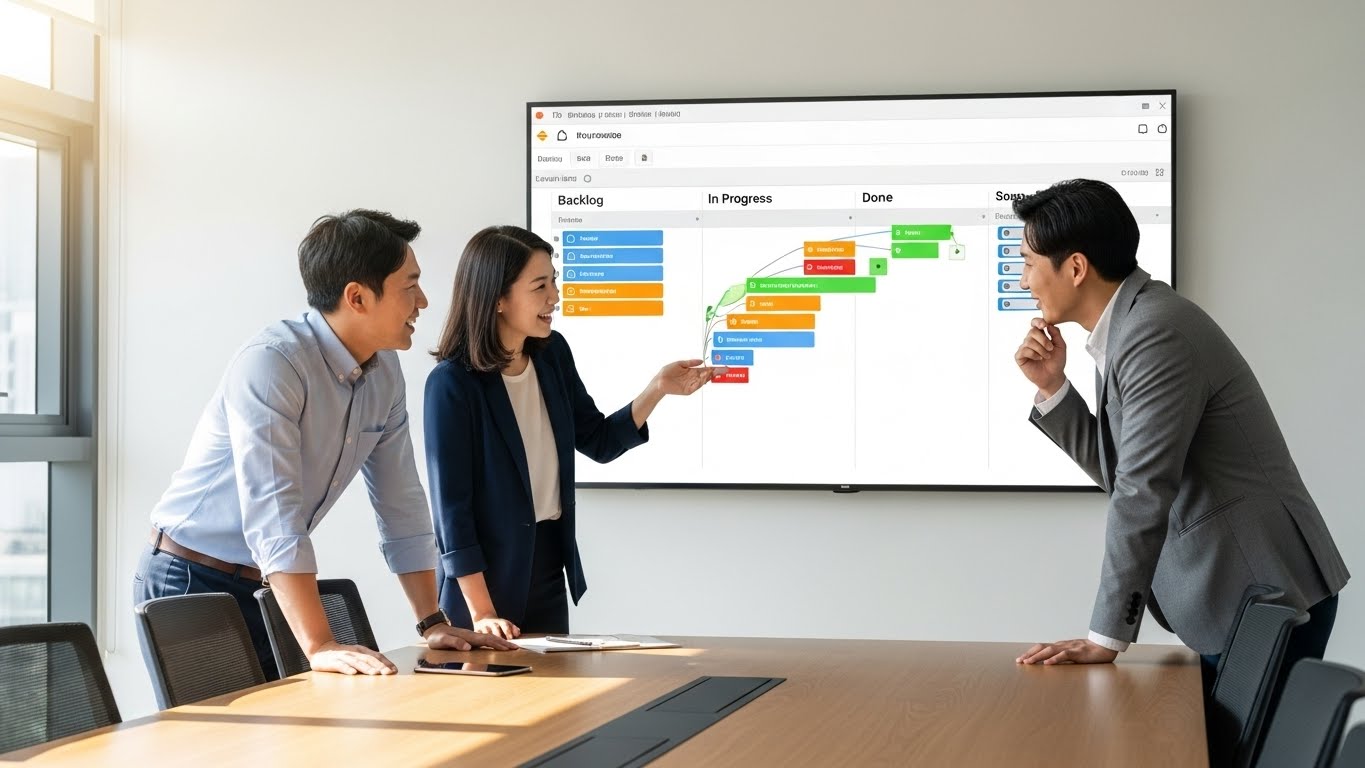 노션의 칸반 보드 기능을 활용하여 팀 프로젝트 진행 상황을 공유하고 협업하는 한국 직장인 팀