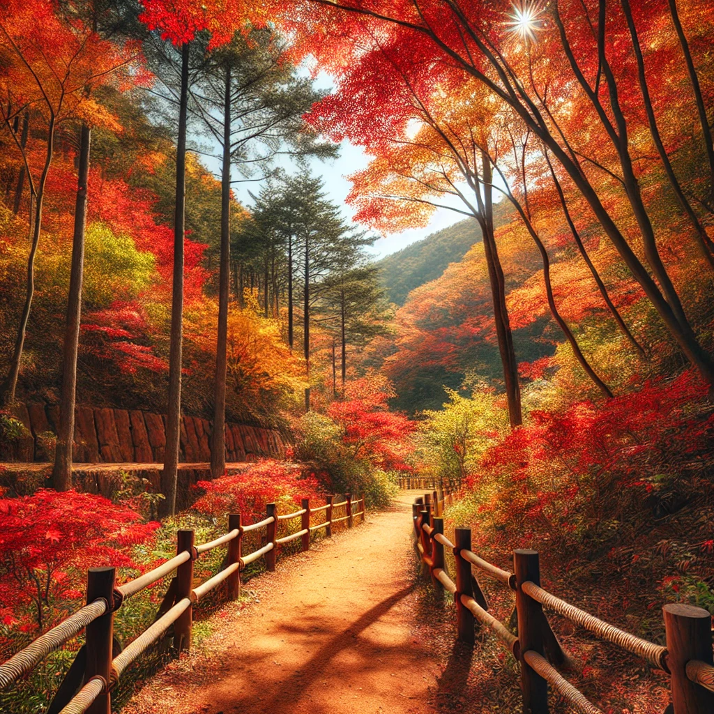 대전 계족산 황톳길을 따라 단풍이 물든 가을 풍경. 붉은 황토색 길을 감싸는 나무들에서 붉고 노란 단풍잎이 떨어지고 있는 모습.