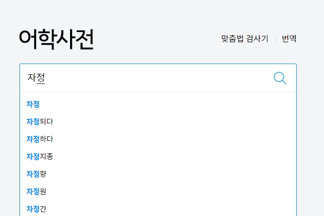 사전 검색창에 '자정'을 검색하는 모습