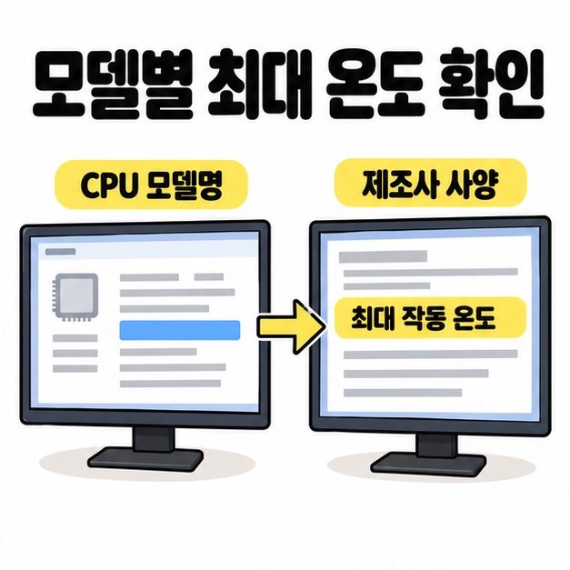 CPU 모델명이 있는 시스템 정보 화면에서 제조사 사양 화면의 최대 작동 온도 항목으로 이어지는 확인 과정을 보여 준 그림