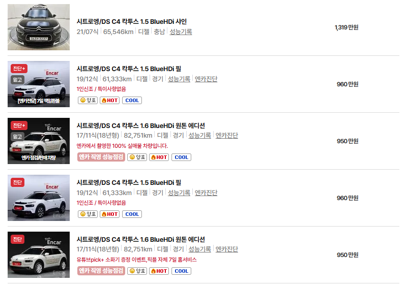 시트로엥 C4 칵투스 중고차 가격 시세표 연비