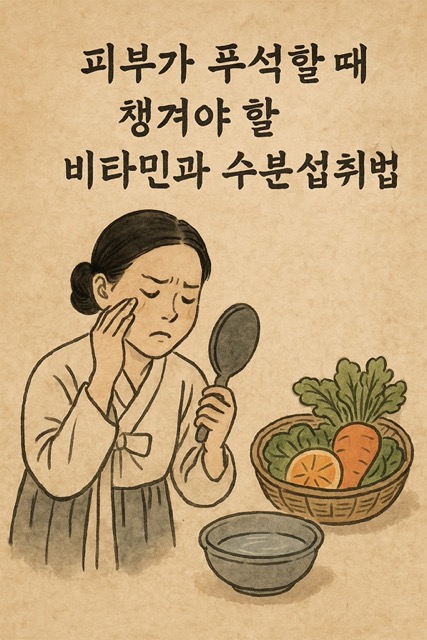 푸석한 얼굴의 여인과 피부에 좋은 식품