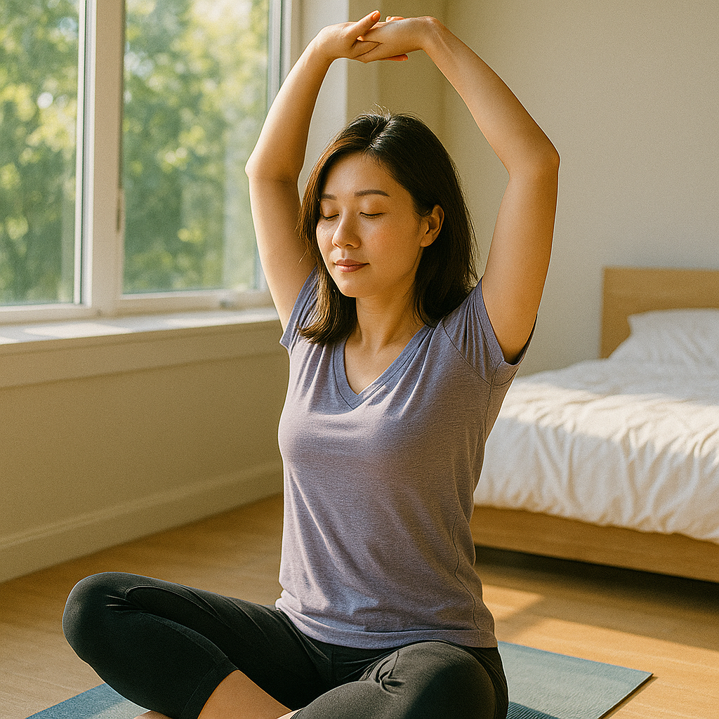햇살 아래 스트레칭하는 여성의 아침 루틴