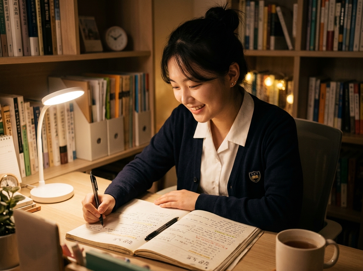 질문 노트를 점검하며 학습 진도를 확인하는 고등학생