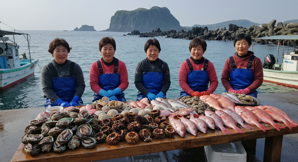제주 세화 포구에서 해녀들이 직접 잡은 해산물을 파는 모습