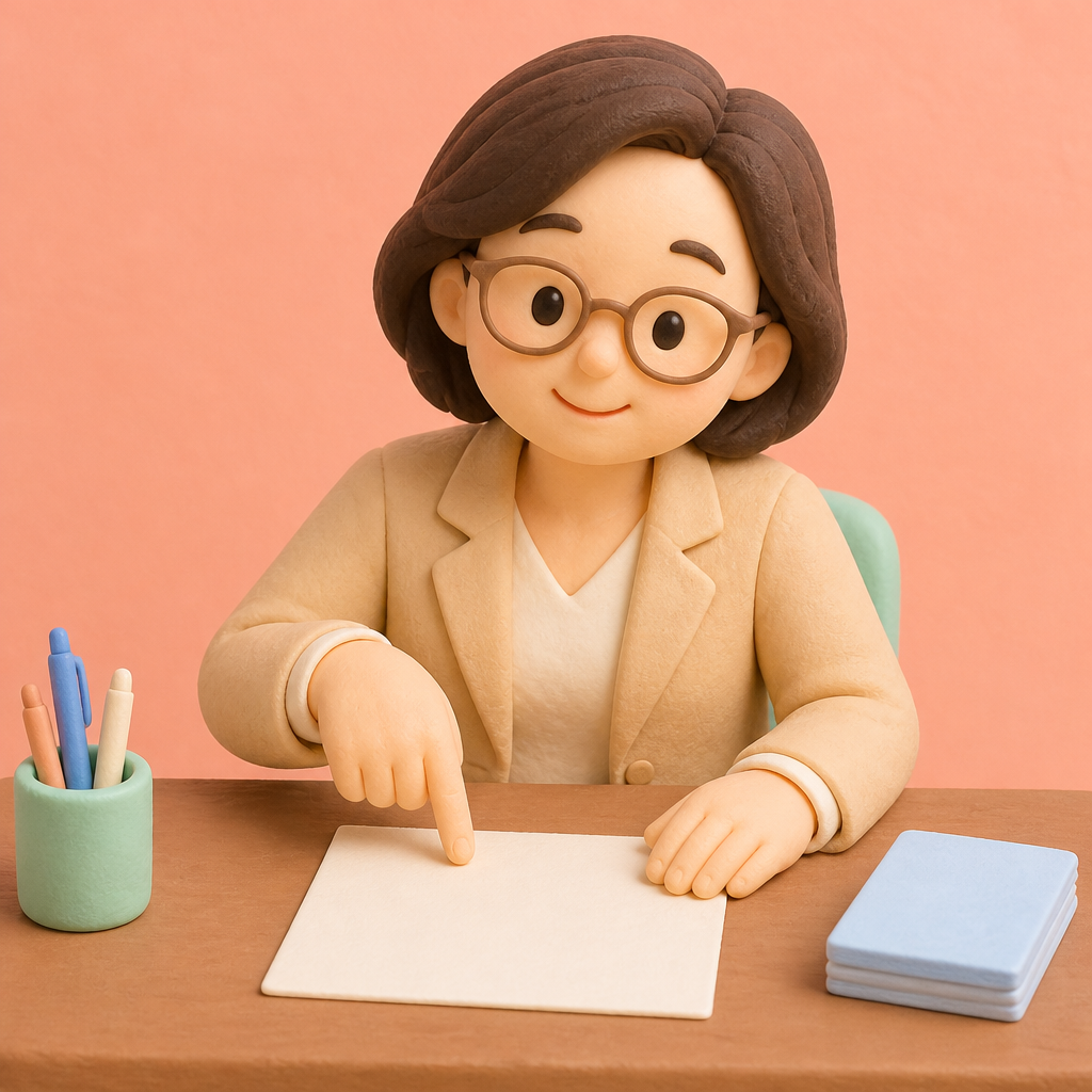 사무실 책상에서 급여명세서를 손가락으로 짚으며 보는 40대 여성