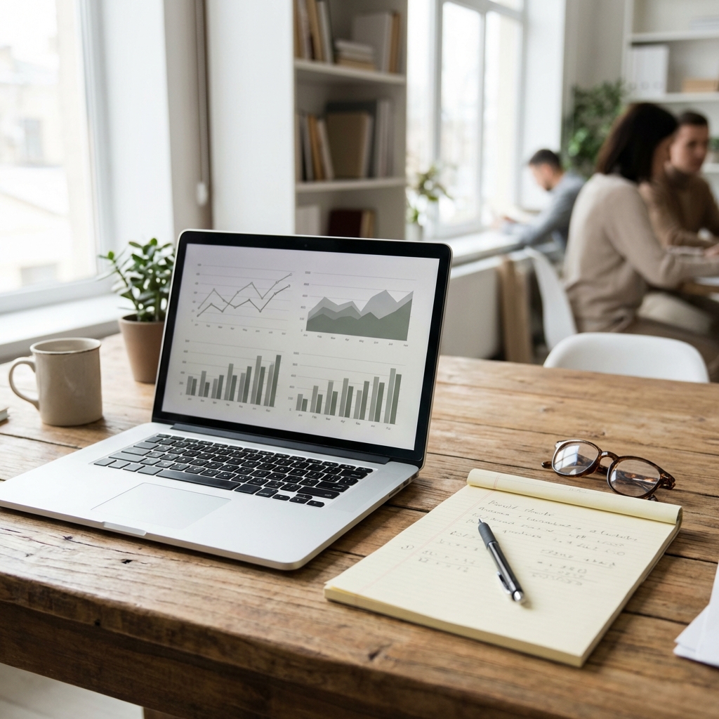 시장 사이클과 투자 심리를 숙고하는 투자자가 나무 테이블 위에 놓인 노트북과 메모지 앞에서 집중하며 투자 전략을 점검하는 깔끔하고 전문적인 금융 업무 공간