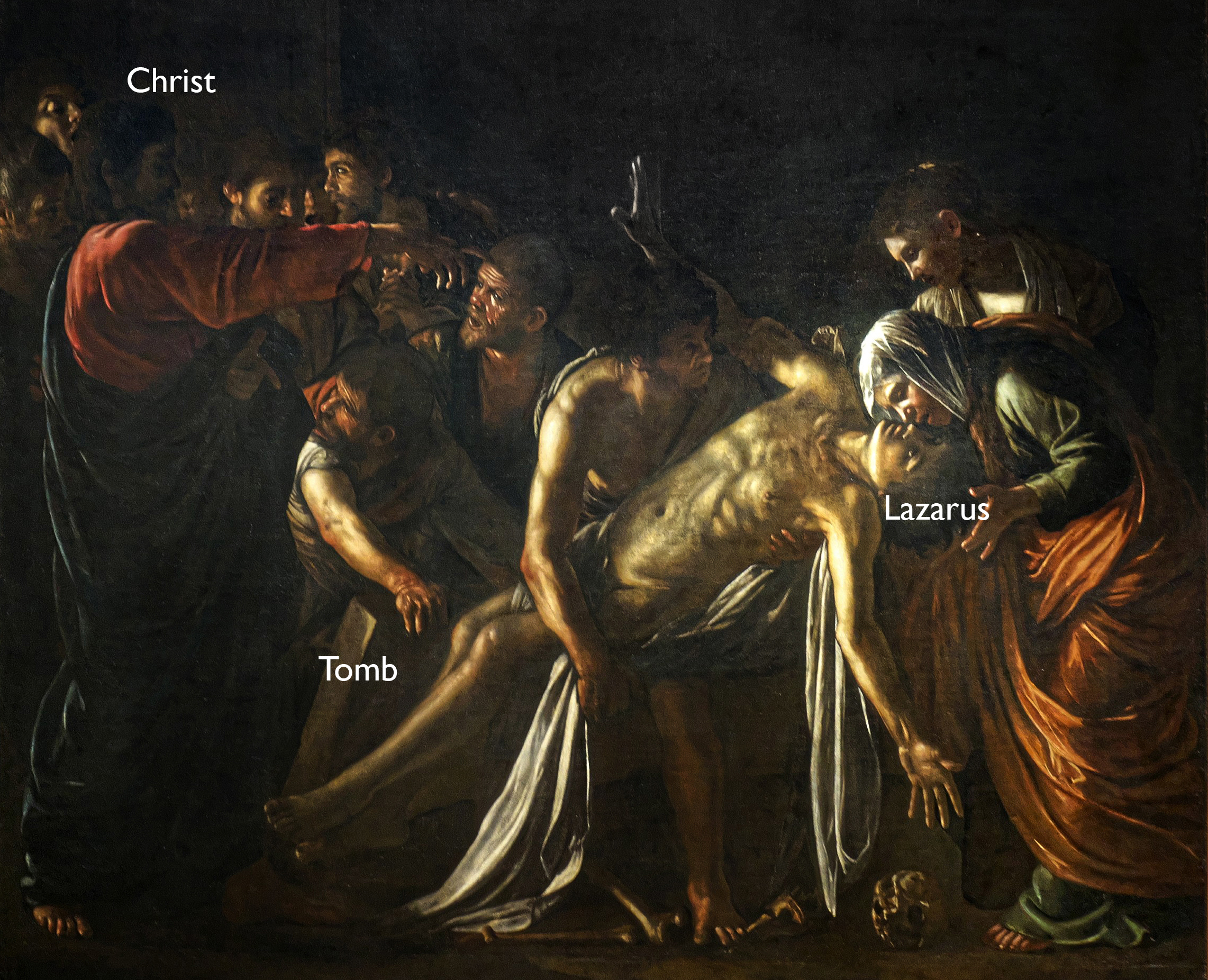 Michelangelo Merisi da Caravaggio, Resurrection of Lazarus, c. 1609, oil on canvas, 380 x 275 cm (Museo di Messina)